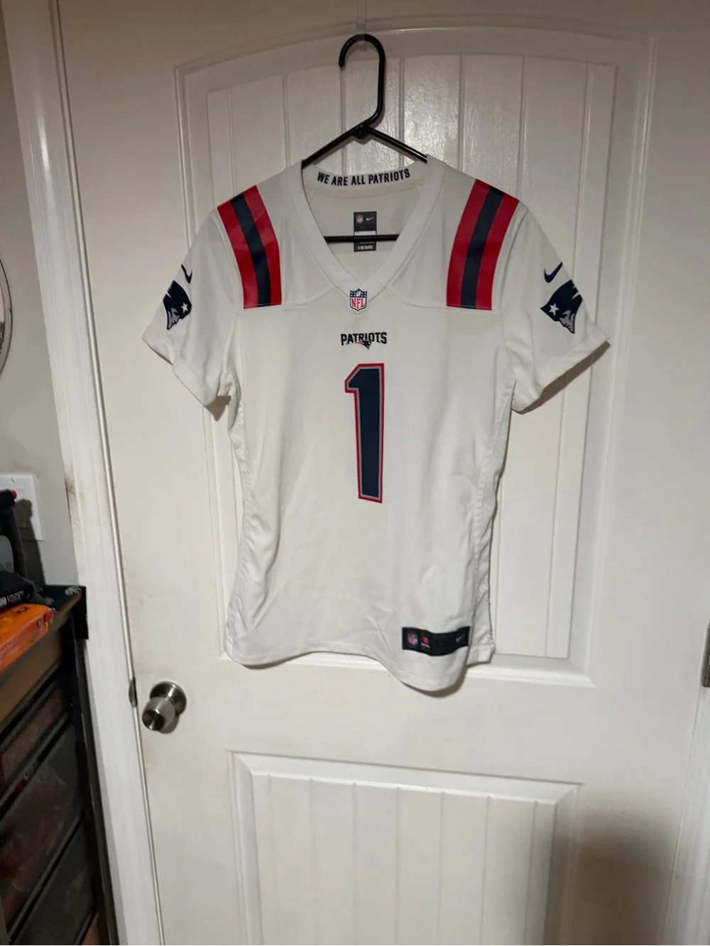 Wom Nike White New England Patriots #1 Football Jersey with Red & Blue Accents